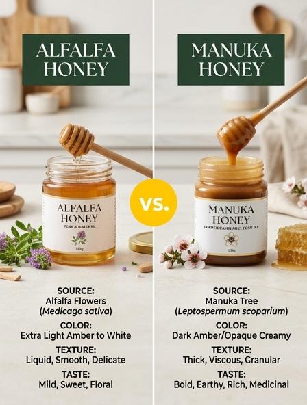 Alfalfa Honey vs Manuka Honey: Comparing Nutrition, Flavor, and Antibacterial Properties Differences