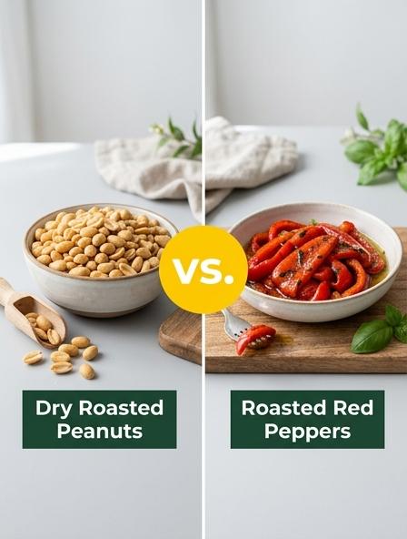 Dry Roasted Peanuts vs Roasted Red Peppers : Are They The Same? Nutrition, Texture, and Health Benefits
