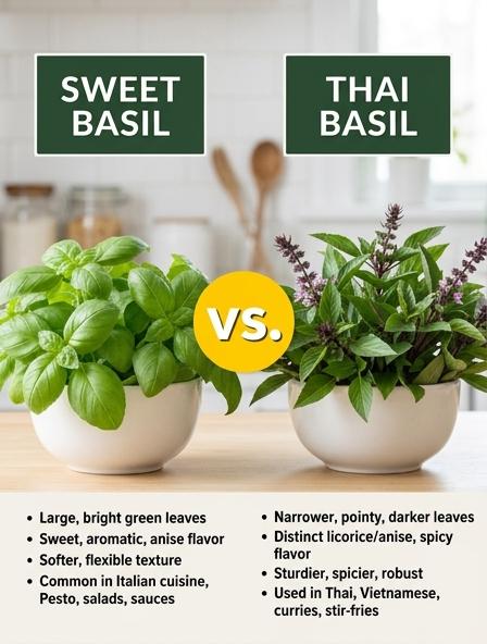 Sweet Basil vs Thai Basil: Are They The Same? Flavor Profiles, Cooking Performance, and Visual Identification.