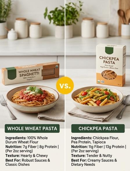 Whole Wheat Pasta vs Chickpea Pasta : Comparing Nutritional Profile, Texture Quality, and Health Benefit Differences