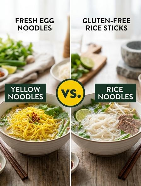 Yellow Noodles vs Rice Noodles : Comparing Nutrition, Texture, and Culinary Performance Differences.