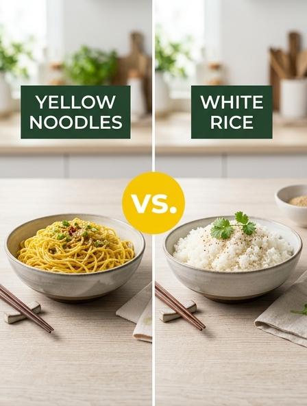 Yellow Noodles vs White Rice : The Differences in Nutritional Value, Glycemic Impact, and Culinary Versatility.